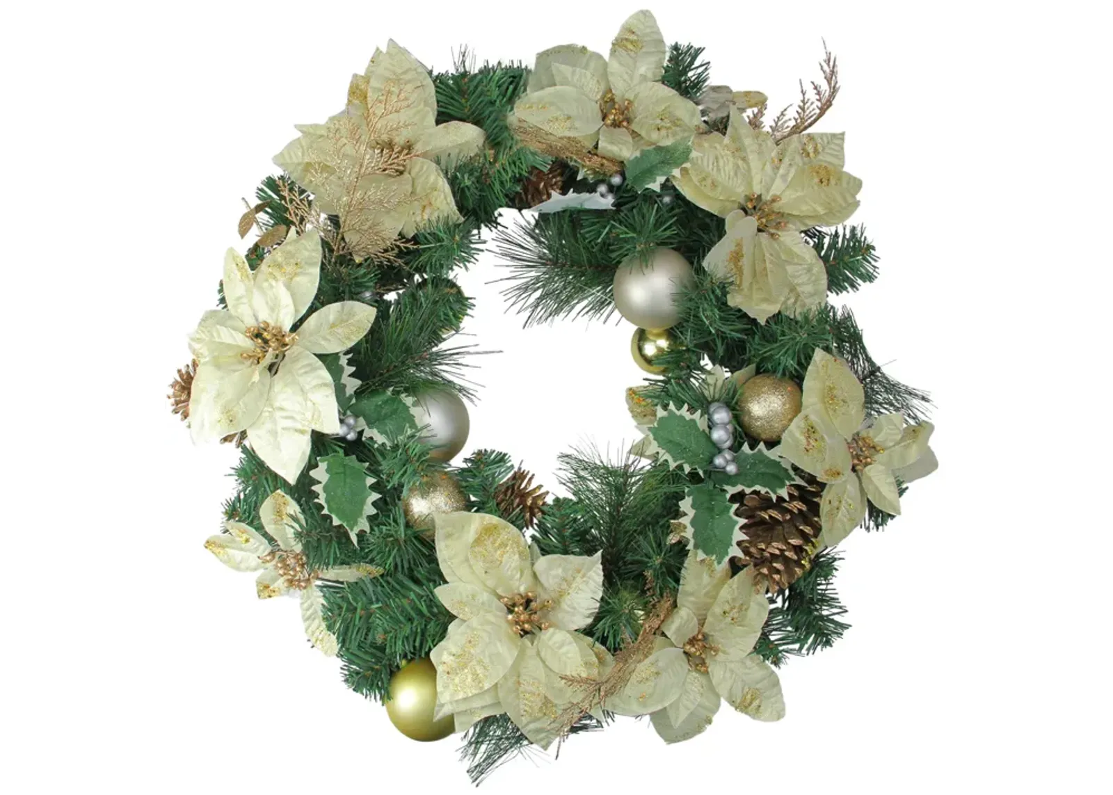 White Poinsettia and Pine Cone Artificial Christmas Wreath - 24-Inch  Unlit