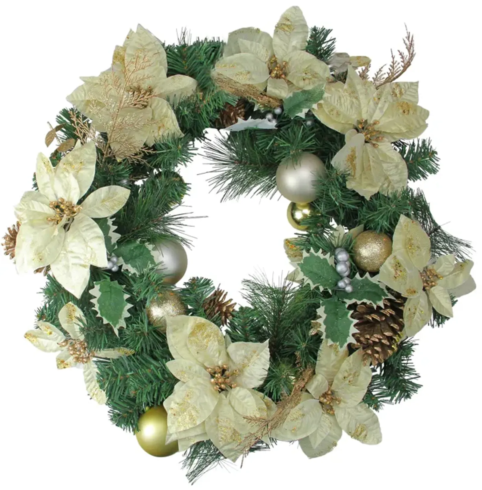 White Poinsettia and Pine Cone Artificial Christmas Wreath - 24-Inch  Unlit