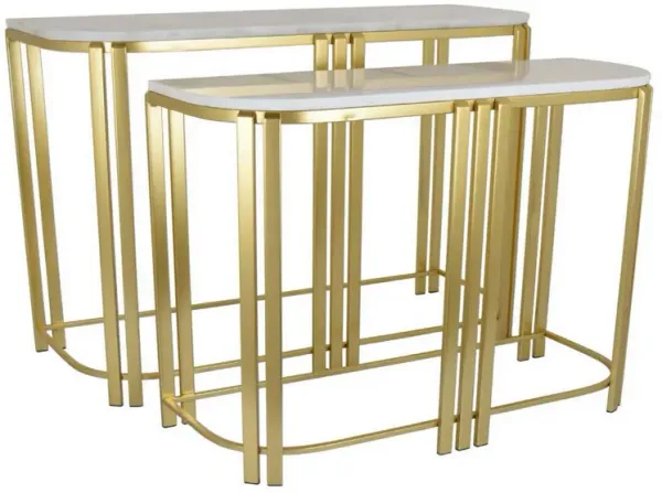 Set of 2 Accent Nesting Tables, Marble Top, Sleek Modern Gold Metal Frame - Benzara