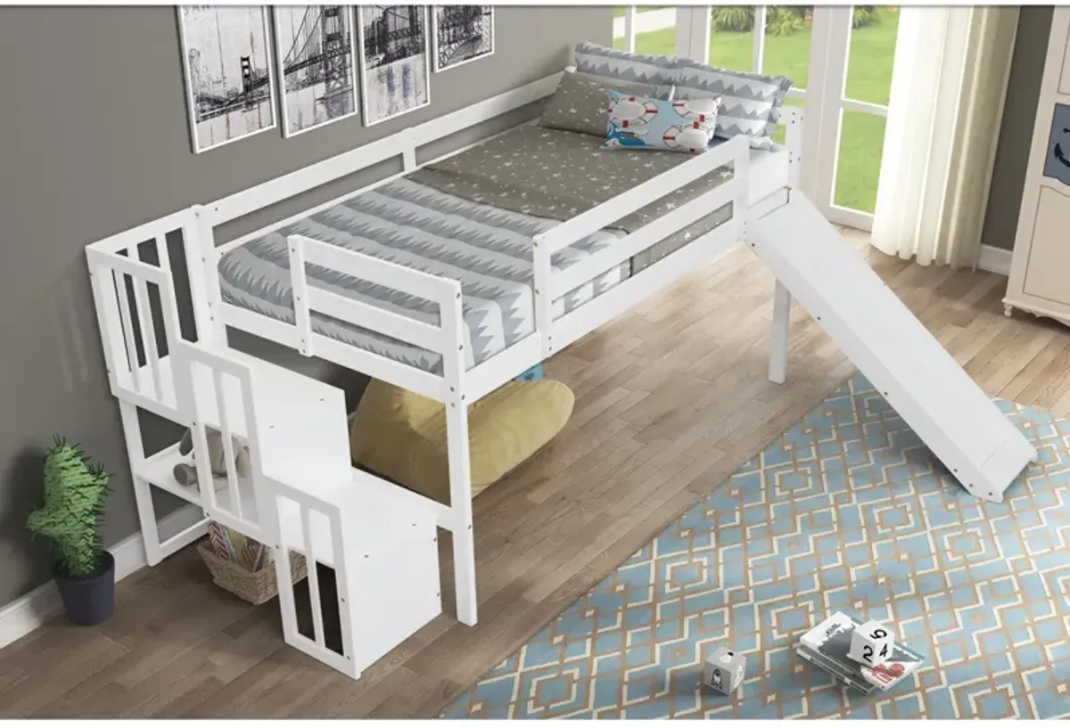 Loft Bed With Staircase, Storage, Slide, Twin Size, Full-Length Safety Guardrails