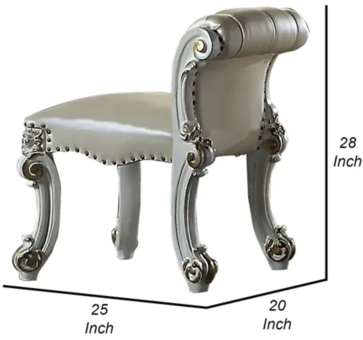 Jess 25 Inch Vanity Chair, Vegan Faux Leather, Rolled Back, Queen Anne Legs - Benzara