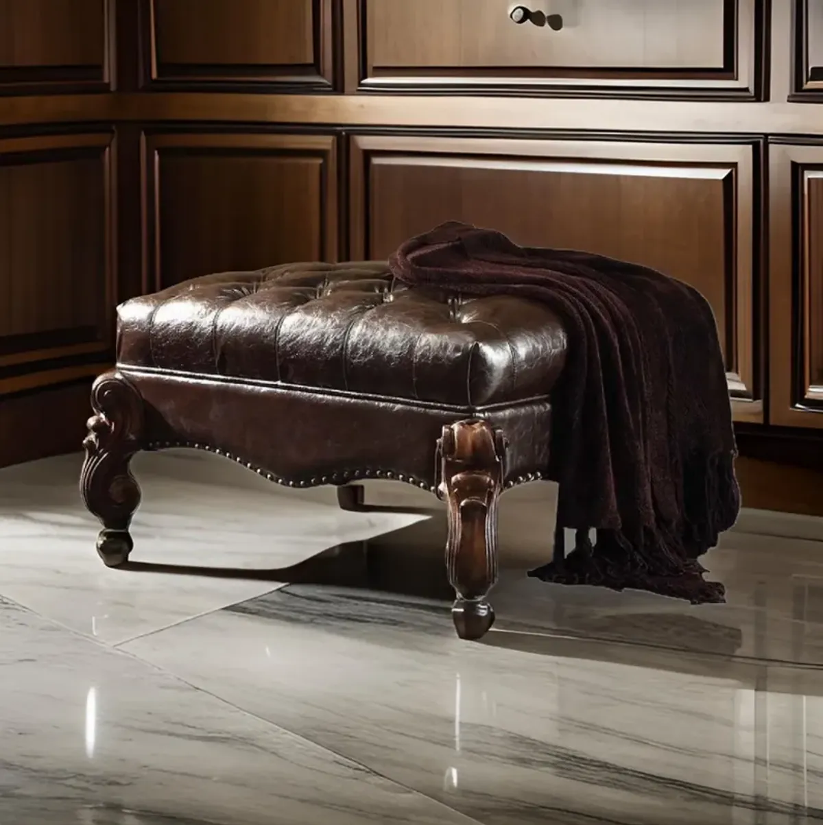 Majestic Ottoman, 2 Tone Dark Brown & Cherry Oak-Benzara