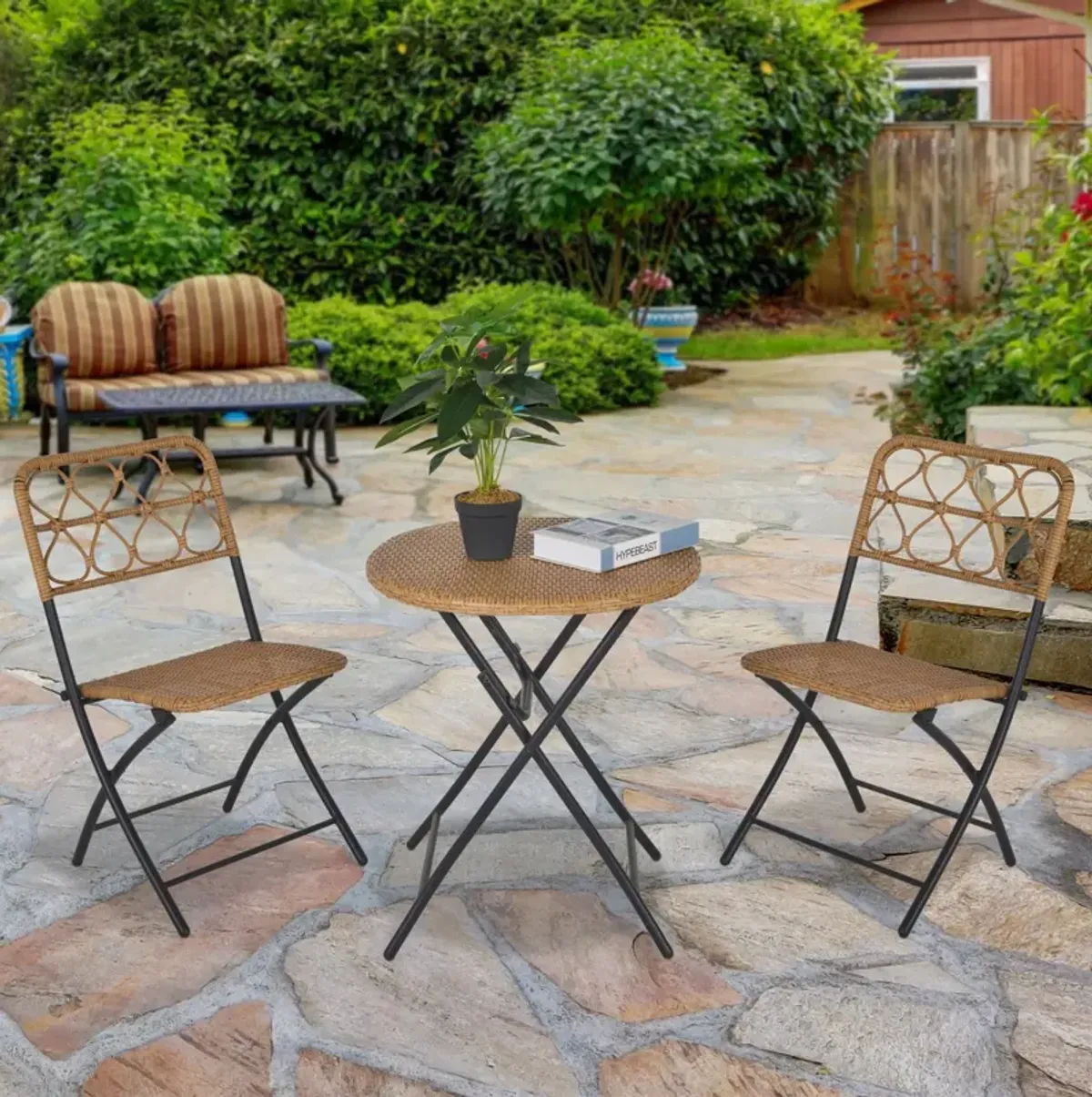 Natural Outdoor Bistro: 3PC Rattan Wicker Folding Table and Chairs