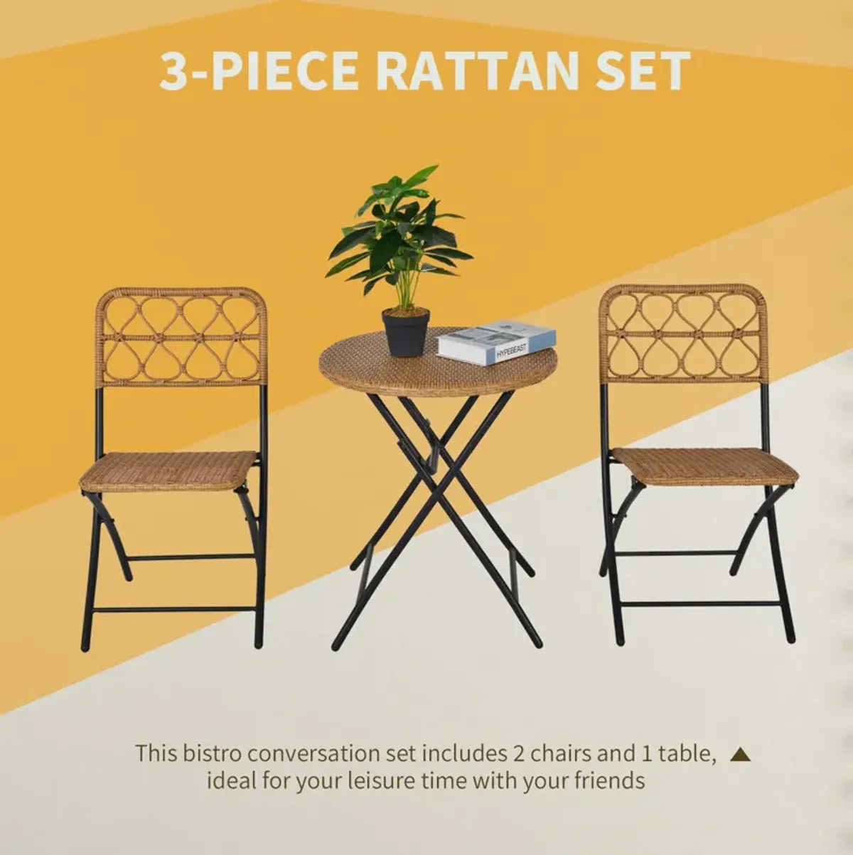 Natural Outdoor Bistro: 3PC Rattan Wicker Folding Table and Chairs