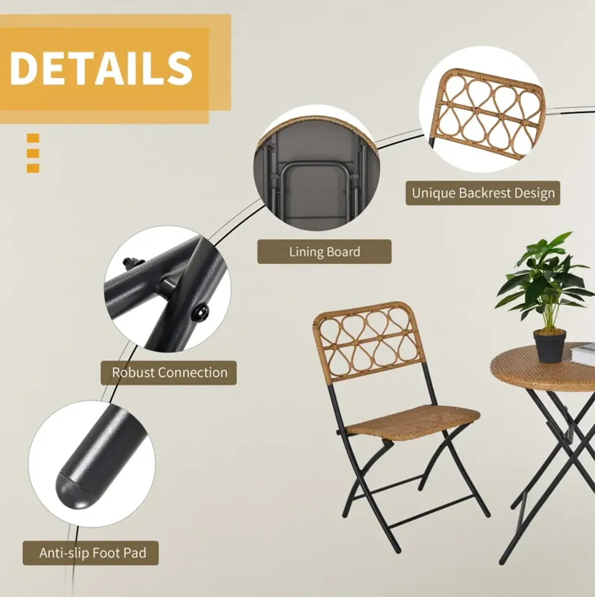 Natural Outdoor Bistro: 3PC Rattan Wicker Folding Table and Chairs