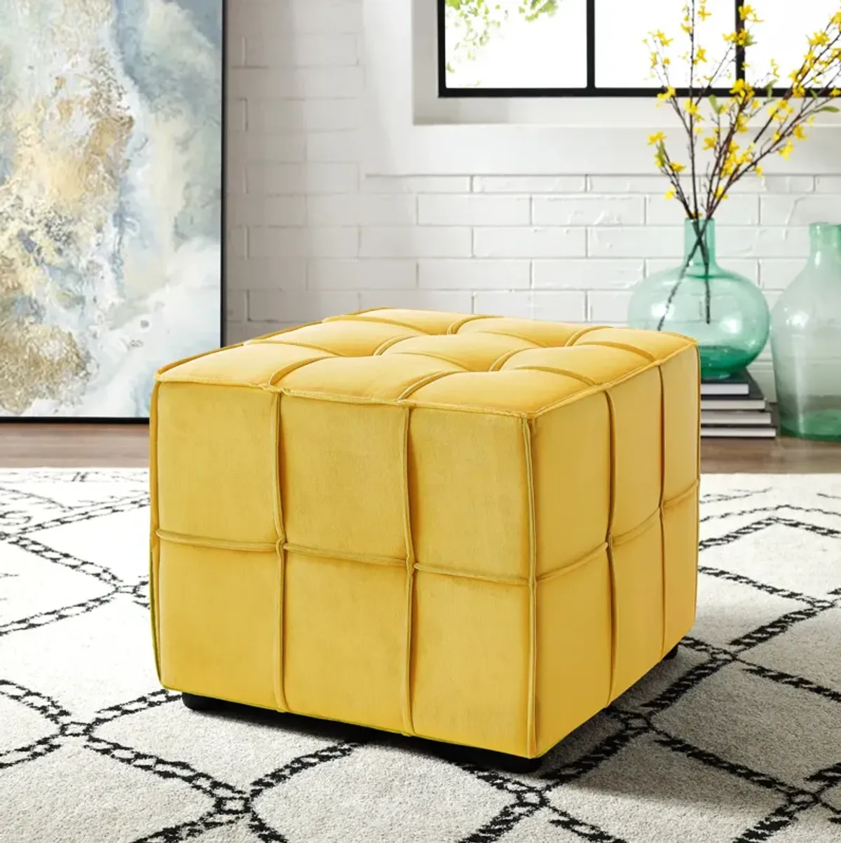 Loft Lyfe Ladda  Velvet Allover Tufted Cube Ottoman