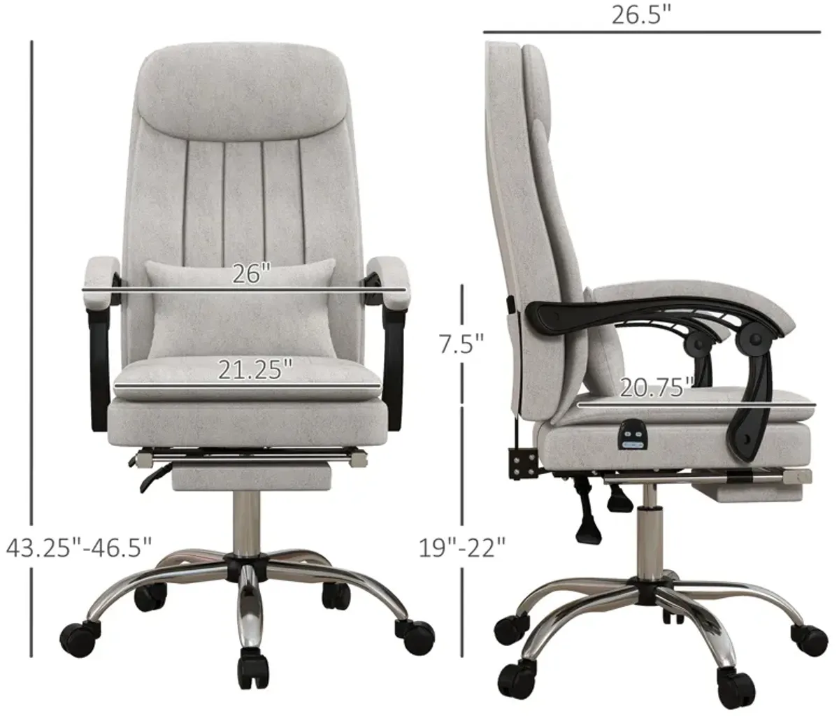 Light Gray Massage Office Chair: Microfiber, Reclining, Footrest