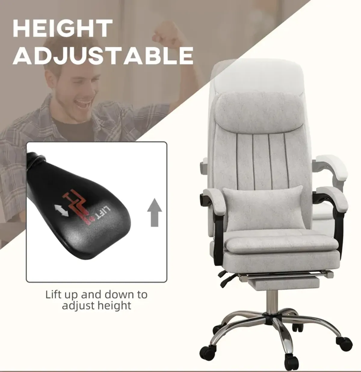 Light Gray Massage Office Chair: Microfiber, Reclining, Footrest