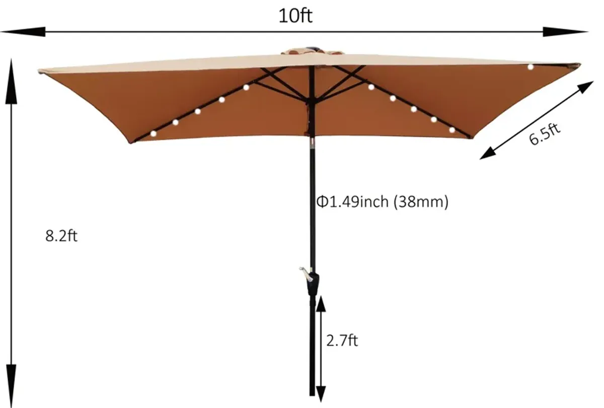 10 X 6.5FT Rectangular Patio Solar LED Lighted Outdoor Umbrellas With Crank And Push Button