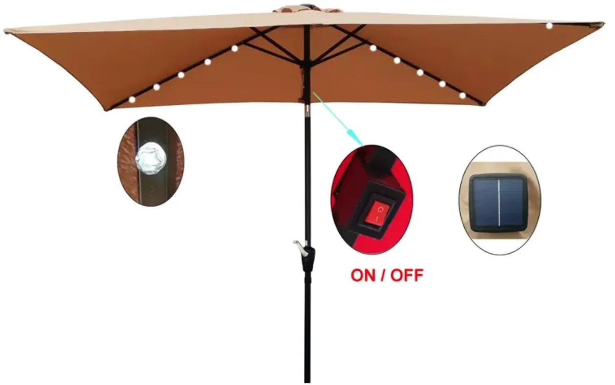 10 X 6.5FT Rectangular Patio Solar LED Lighted Outdoor Umbrellas With Crank And Push Button