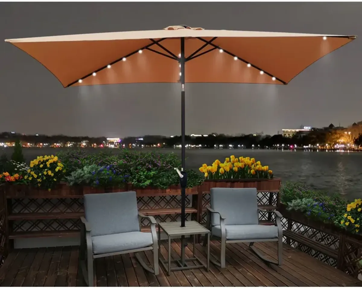 10 X 6.5FT Rectangular Patio Solar LED Lighted Outdoor Umbrellas With Crank And Push Button