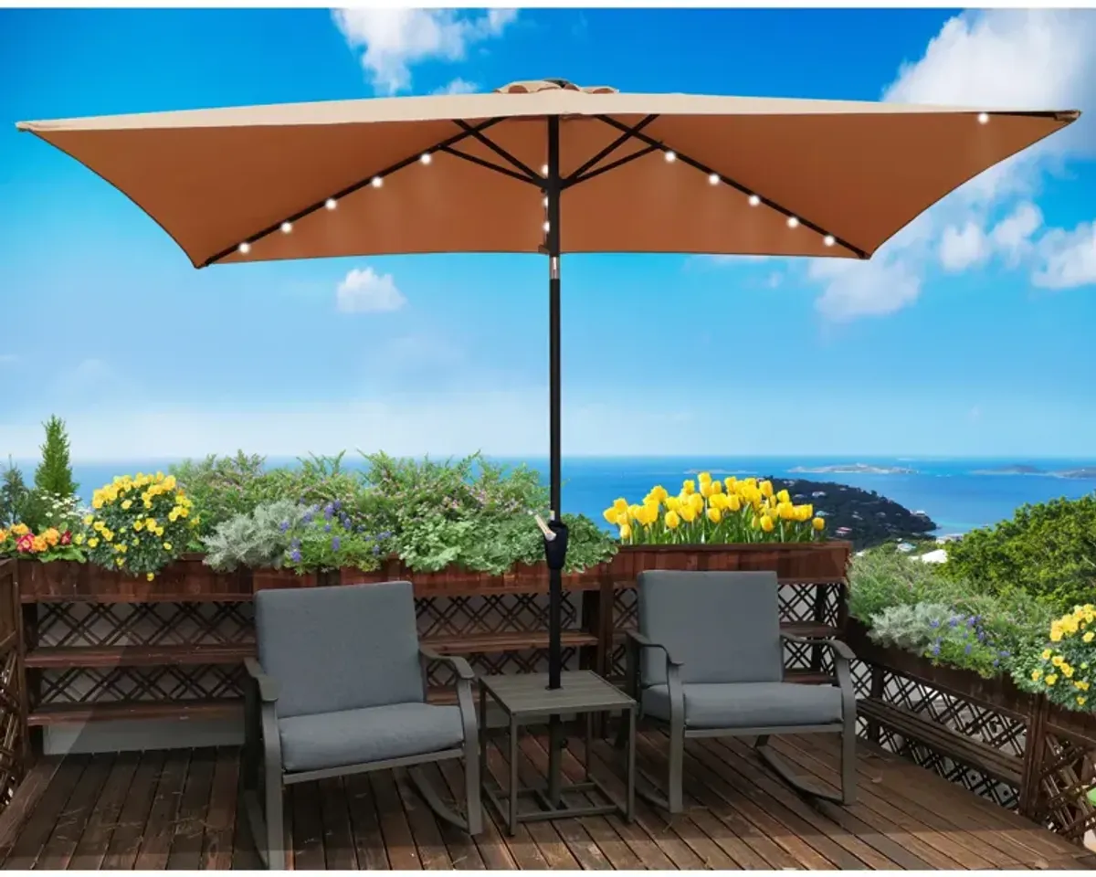 10 X 6.5FT Rectangular Patio Solar LED Lighted Outdoor Umbrellas With Crank And Push Button