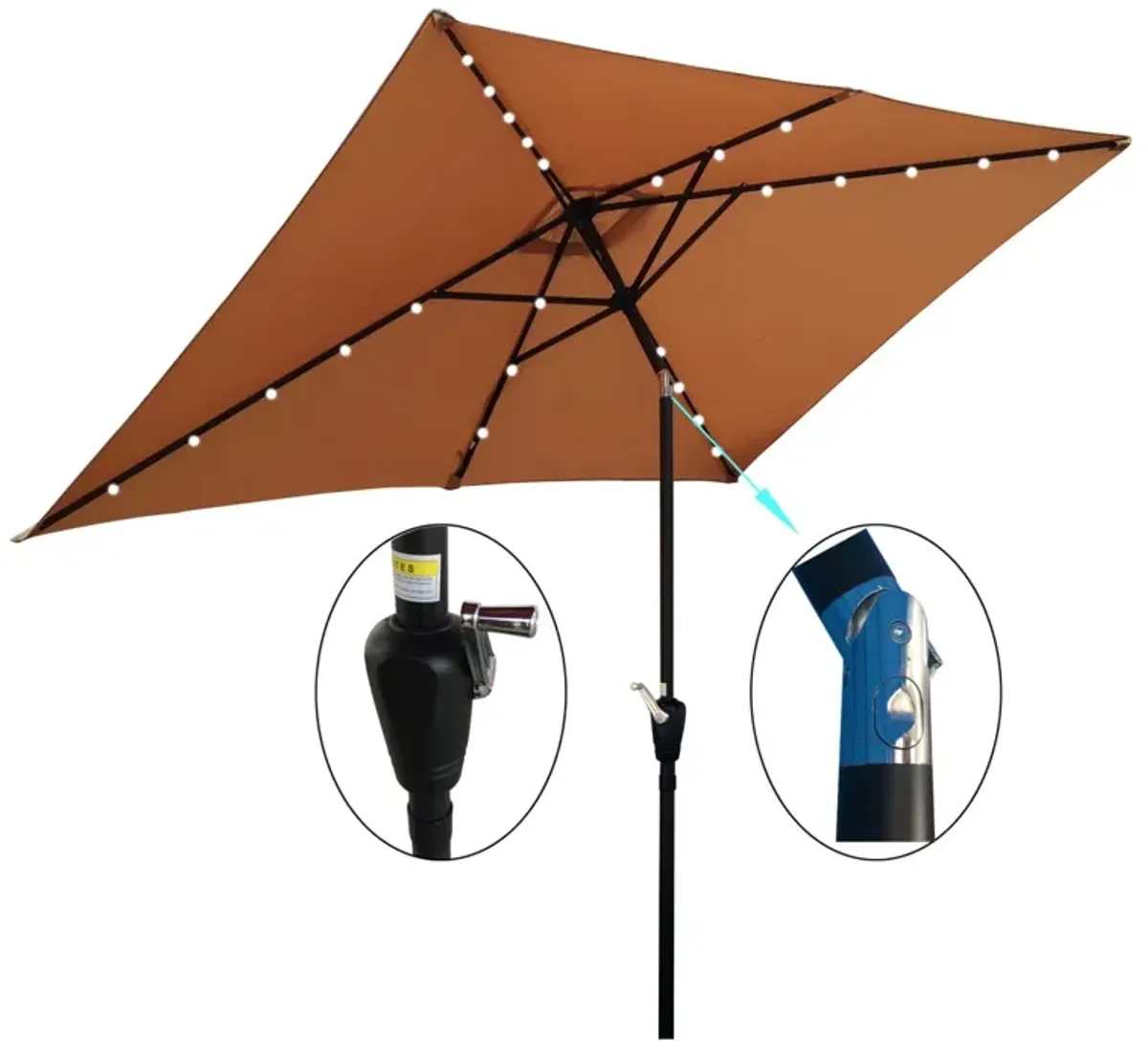 10 X 6.5FT Rectangular Patio Solar LED Lighted Outdoor Umbrellas With Crank And Push Button