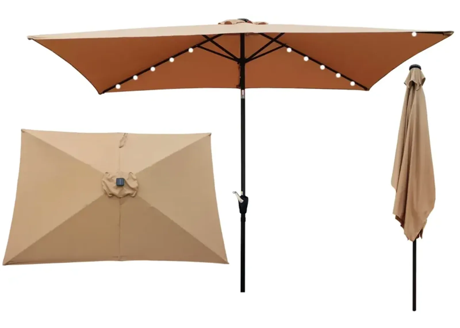 10 X 6.5FT Rectangular Patio Solar LED Lighted Outdoor Umbrellas With Crank And Push Button