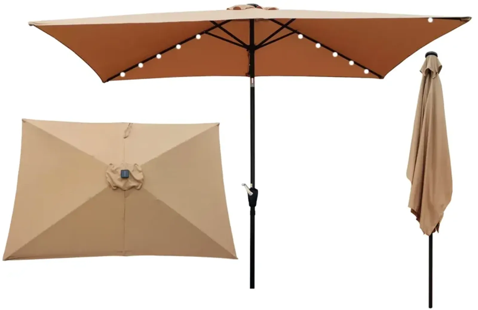 10 X 6.5FT Rectangular Patio Solar LED Lighted Outdoor Umbrellas With Crank And Push Button