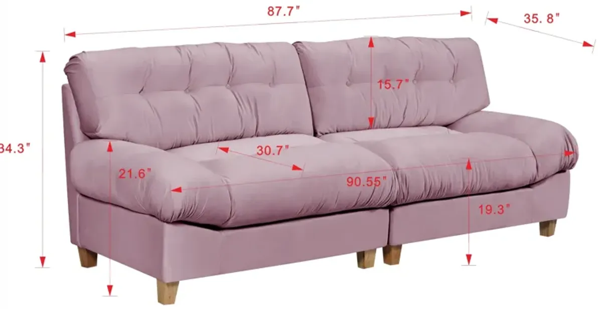 90.5 "Cloud separation sofa, Love Seat sofa sofa, with 2 pillows, frosted velvet minimalist sofa sofa, suitable for living room, apartment, bedroom, office, pink