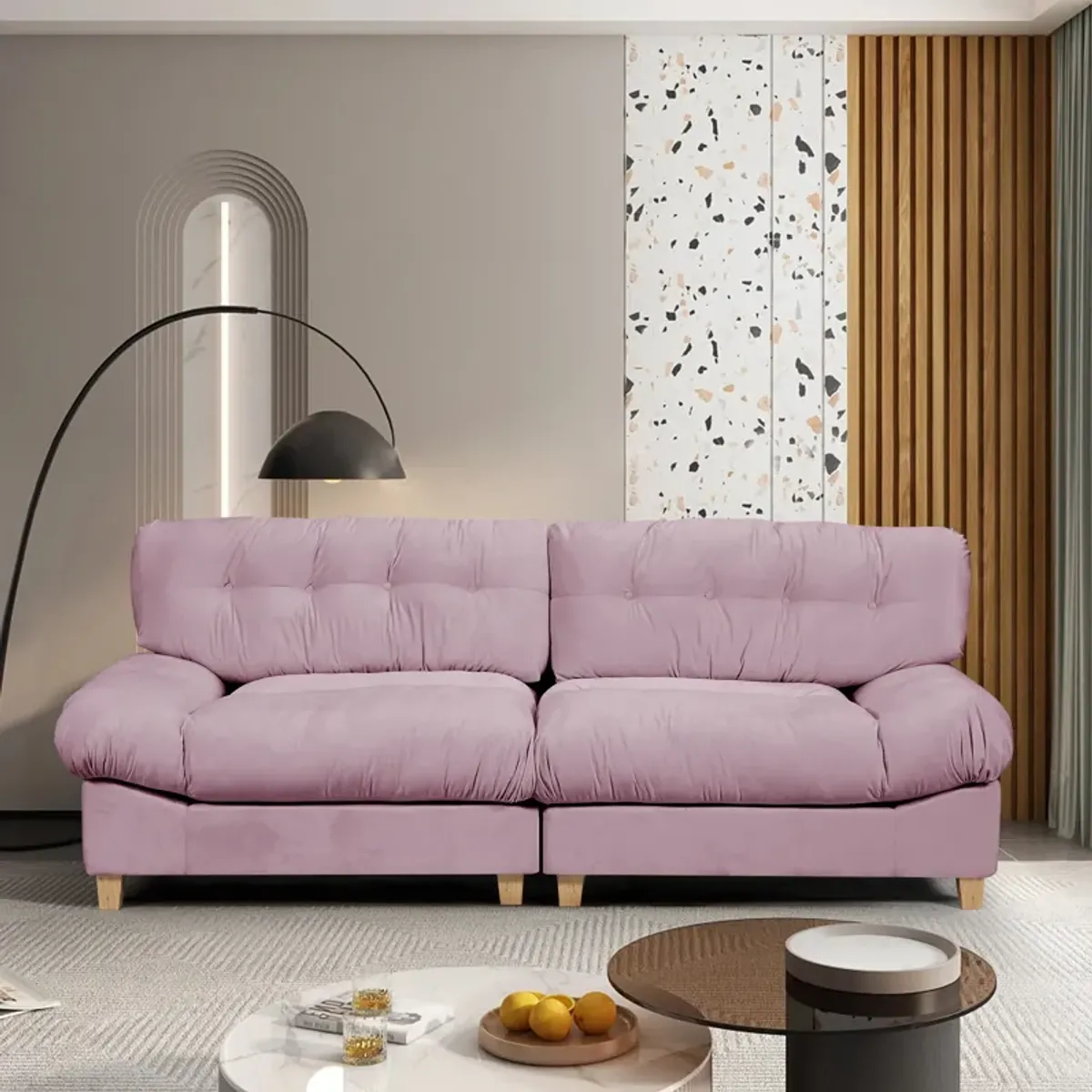 90.5 "Cloud separation sofa, Love Seat sofa sofa, with 2 pillows, frosted velvet minimalist sofa sofa, suitable for living room, apartment, bedroom, office, pink