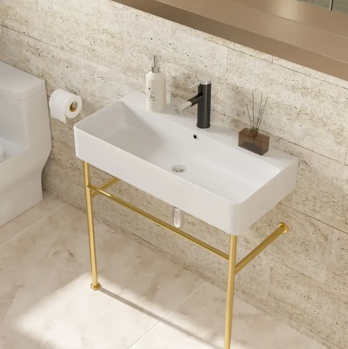 32" Bathroom Console Sink With Overflow, Ceramic Console Sink White Basin Gold Legs
