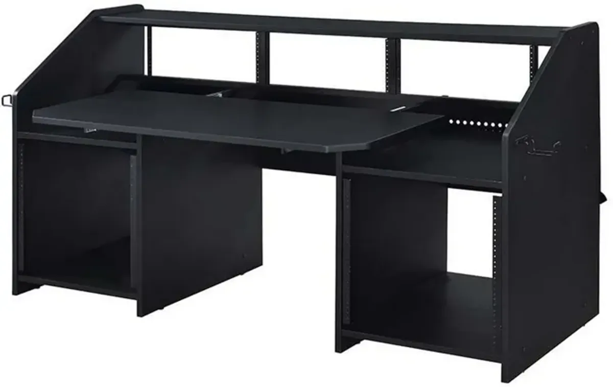 71 Inch Wood Music Studio Desk, Keyboard Tray, Monitor Top, Black-Benzara