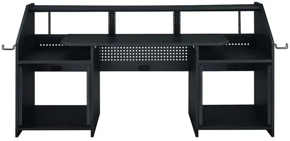 71 Inch Wood Music Studio Desk, Keyboard Tray, Monitor Top, Black-Benzara