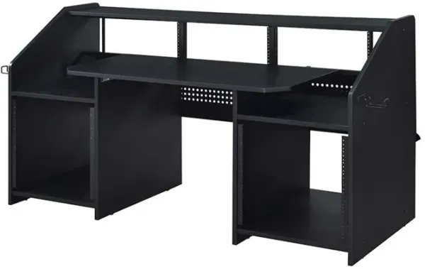 71 Inch Wood Music Studio Desk, Keyboard Tray, Monitor Top, Black - Benzara