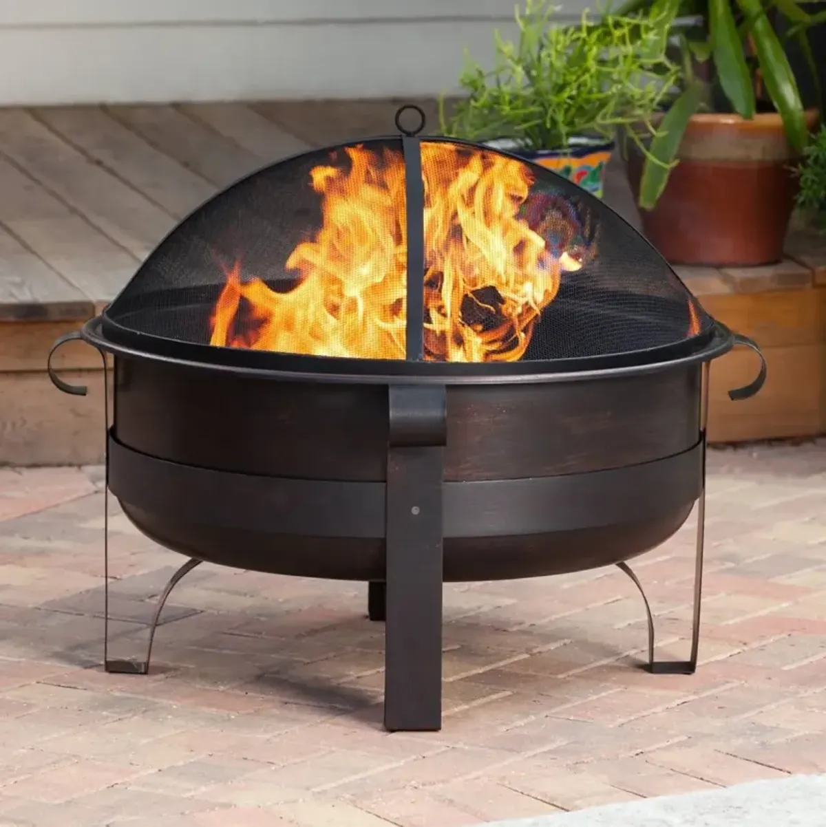 Hivvago Heavy Duty 34-inch Fire Pit Deep Steel Cauldron with Screen and Stand