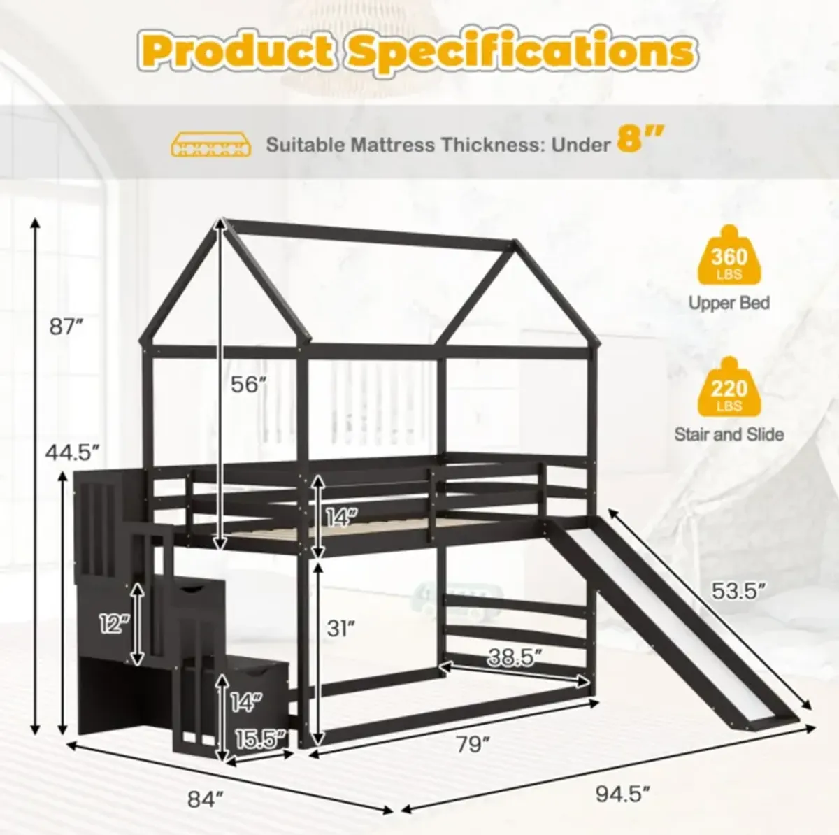 Hivvago Twin over Twin Bunk Bed with Slide and 2-Step Storage Staircase