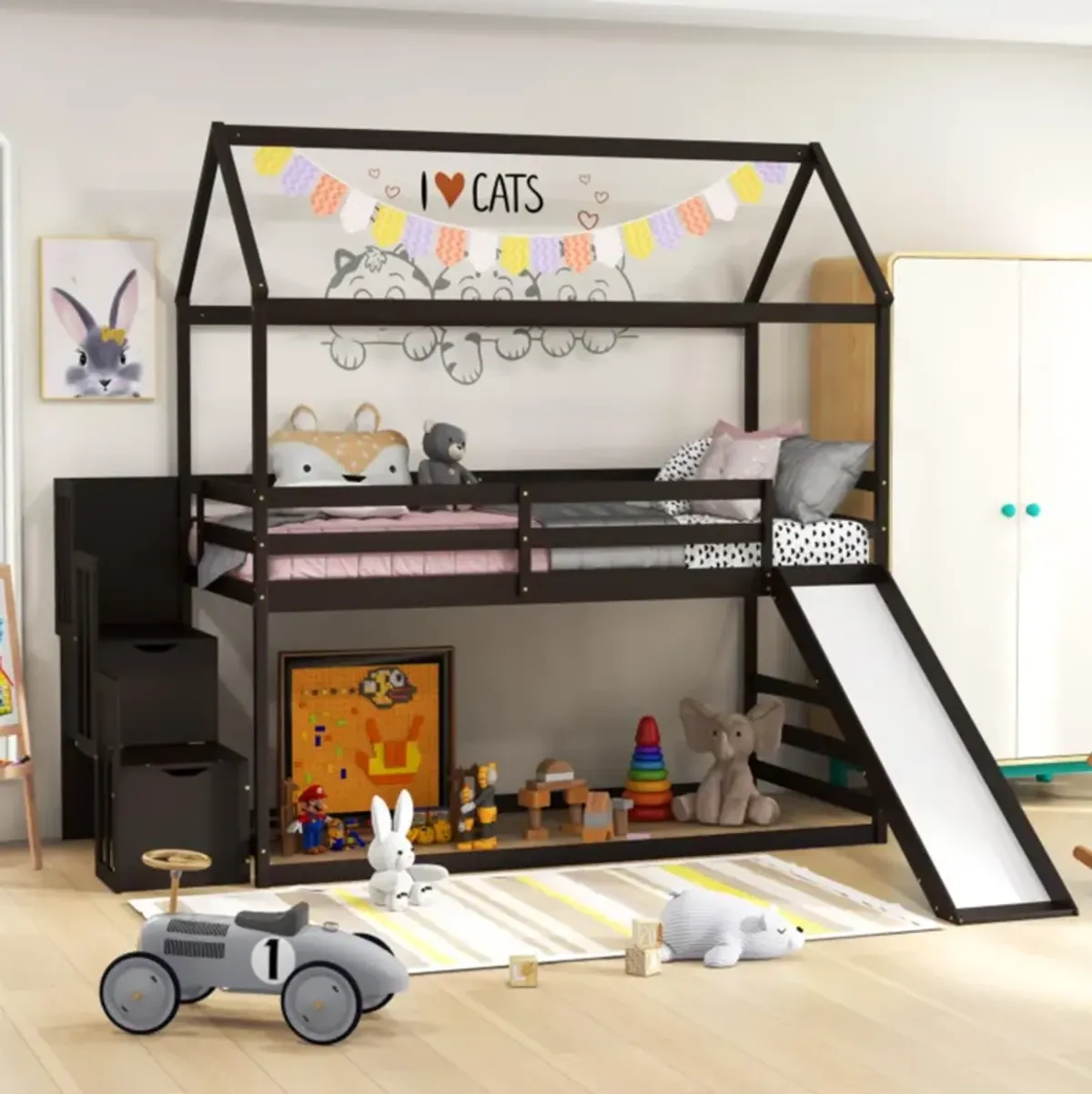 Hivvago Twin over Twin Bunk Bed with Slide and 2-Step Storage Staircase