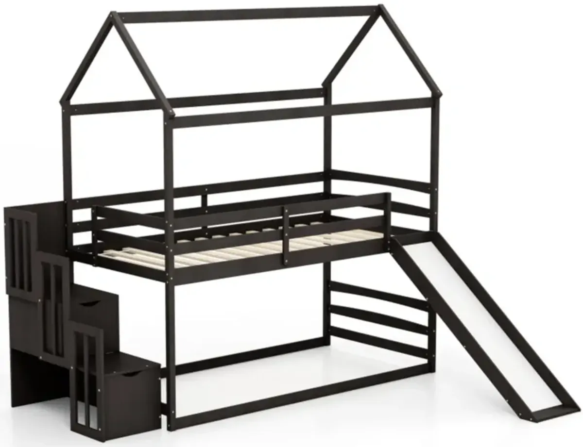 Hivvago Twin over Twin Bunk Bed with Slide and 2-Step Storage Staircase