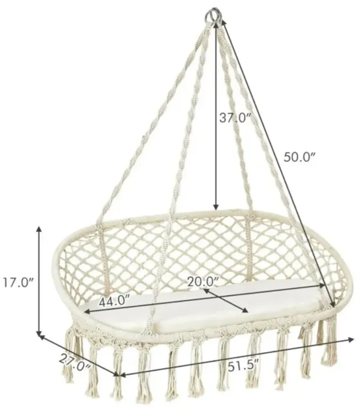 Hivvago 2 Person Hanging Hammock Chair Macrame Swing with Zippered Cushion