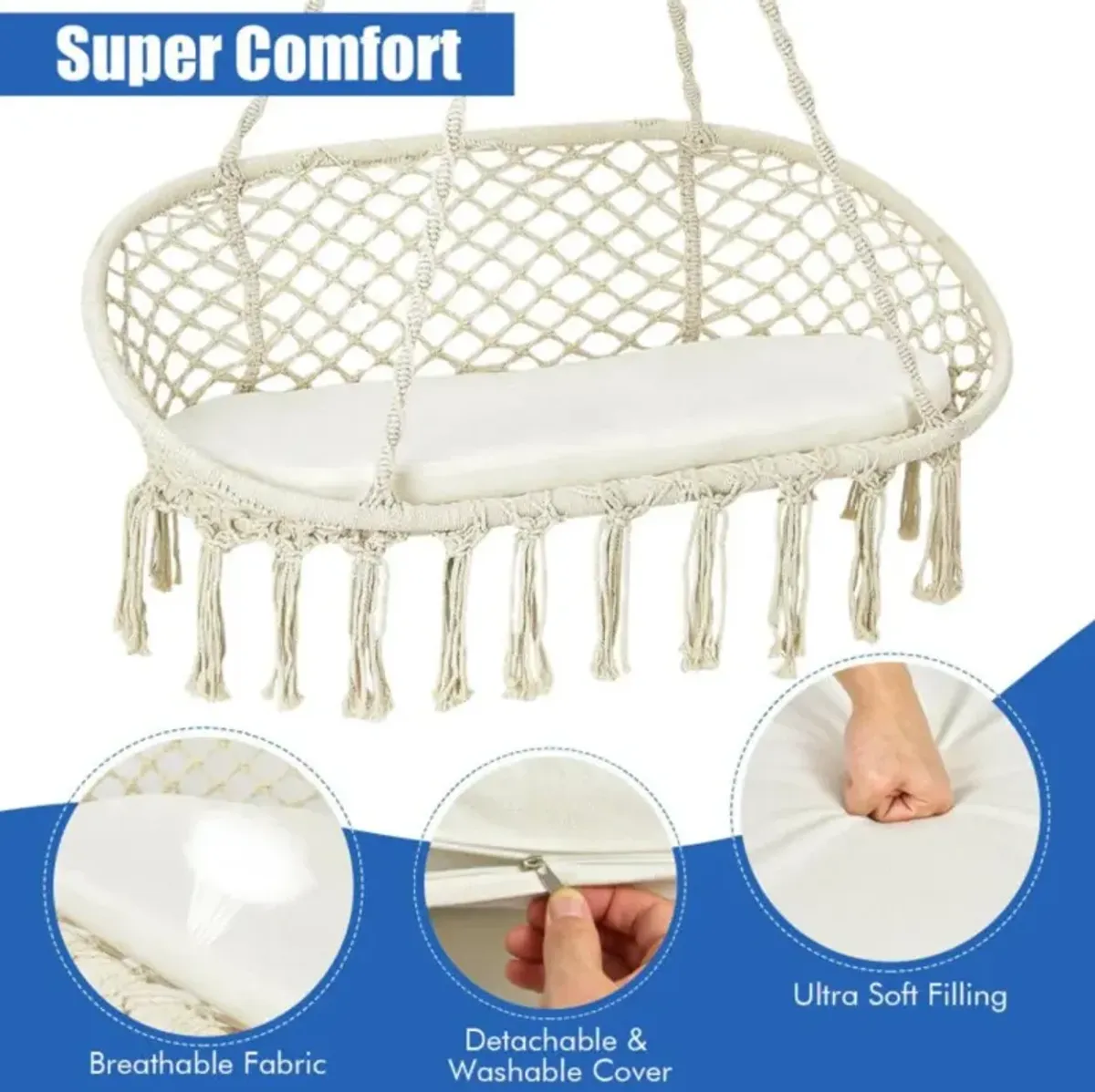 Hivvago 2 Person Hanging Hammock Chair Macrame Swing with Zippered Cushion