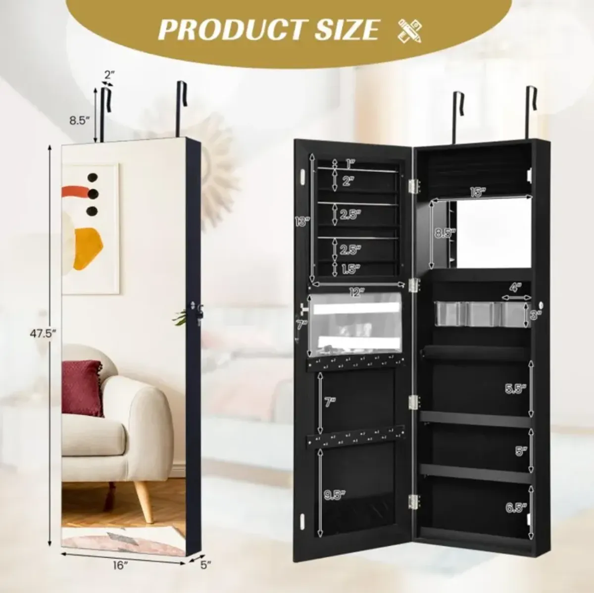 Hivvago Lockable Storage Jewelry Cabinet with Frameless Mirror