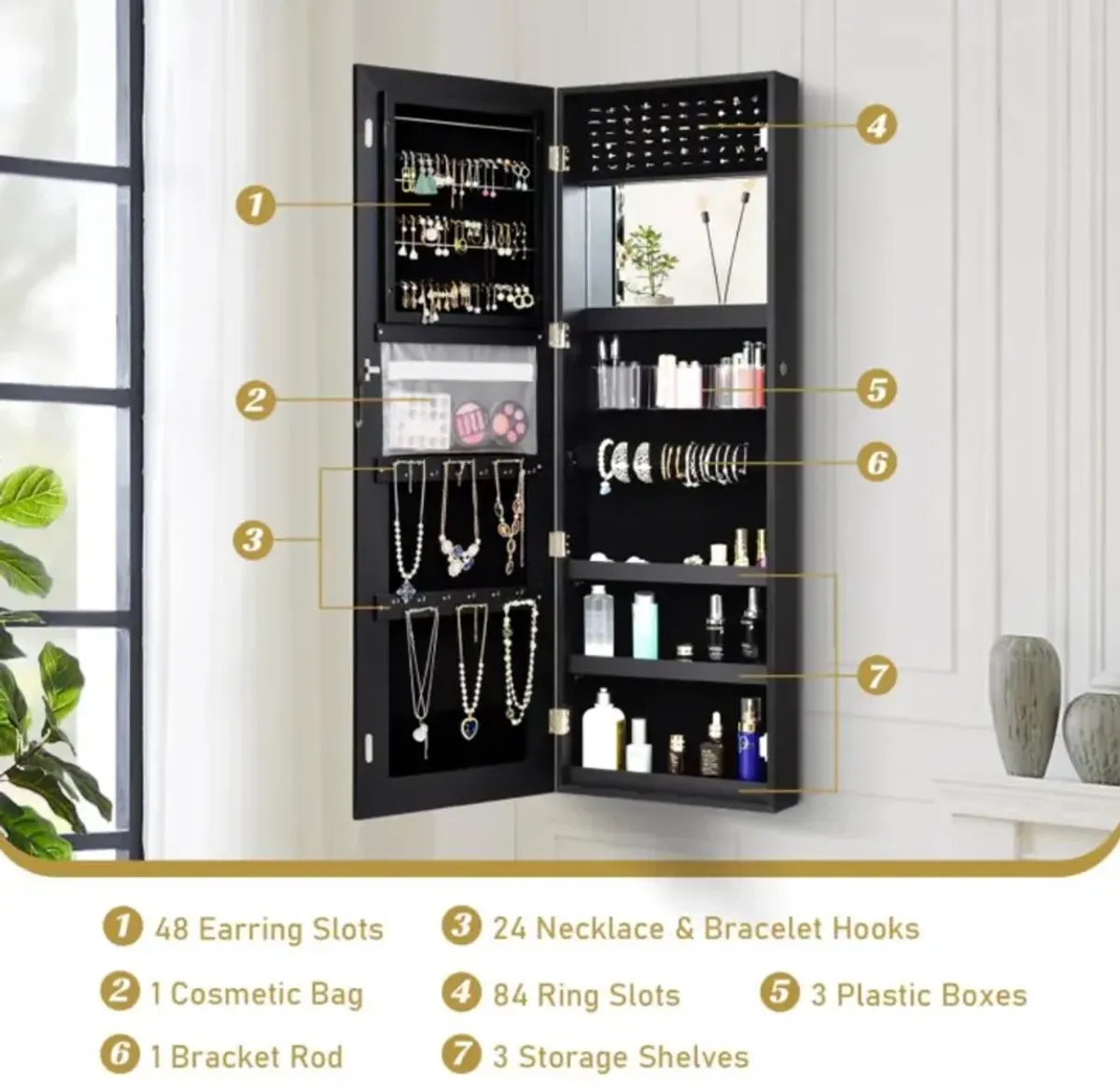 Hivvago Lockable Storage Jewelry Cabinet with Frameless Mirror