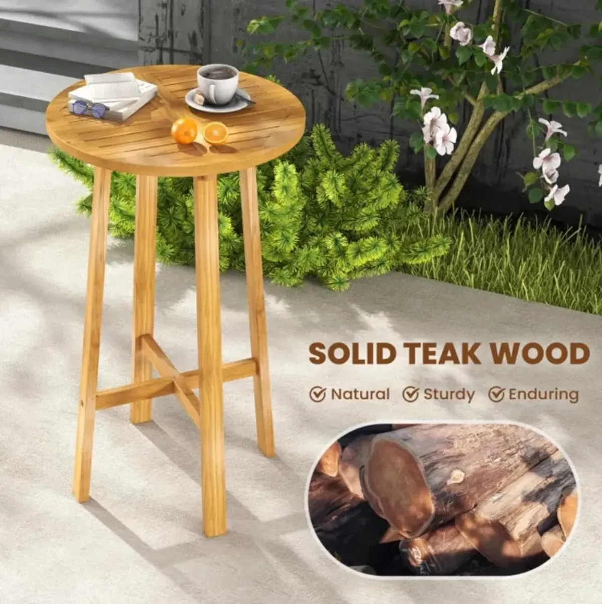 Hivvago 24 InchTeak Wood Round Bar Table with Footrest for Indoors Outdoors