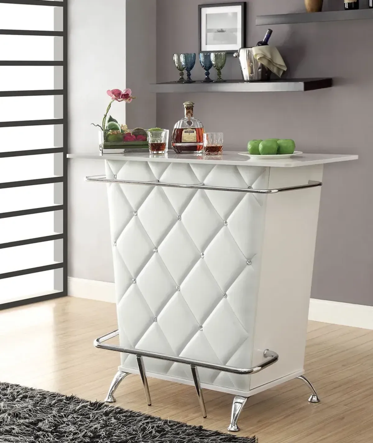 Contemporary Style Leatherette Padded Bar Table With Button Tufting, White - Benzara