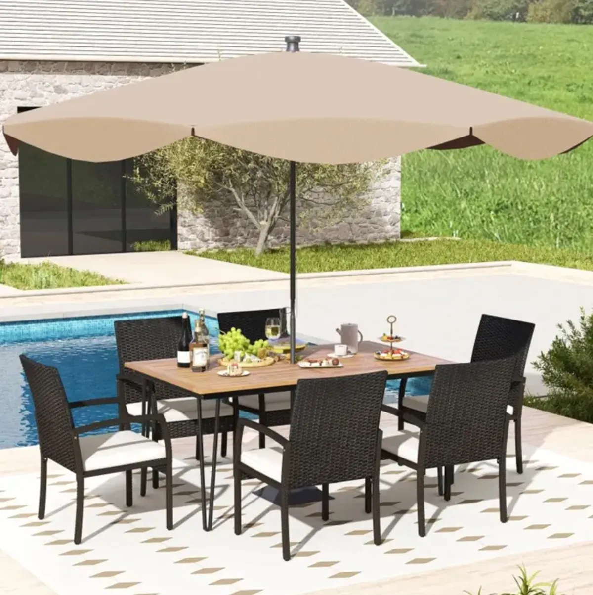 Hivvago 7 Pieces Patio Dining Set with Acacia Wood Dining Table for Porch Backyard Garden Poolside