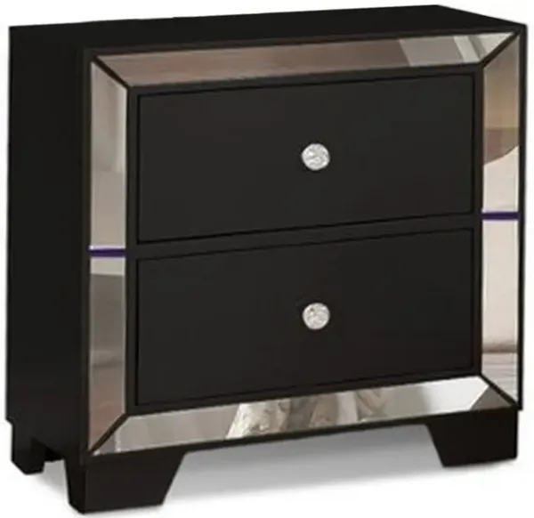 Eli 23 Inch Deluxe 2 Drawer Nightstand, Mirrored Trim, Wood Frame, Black-Benzara