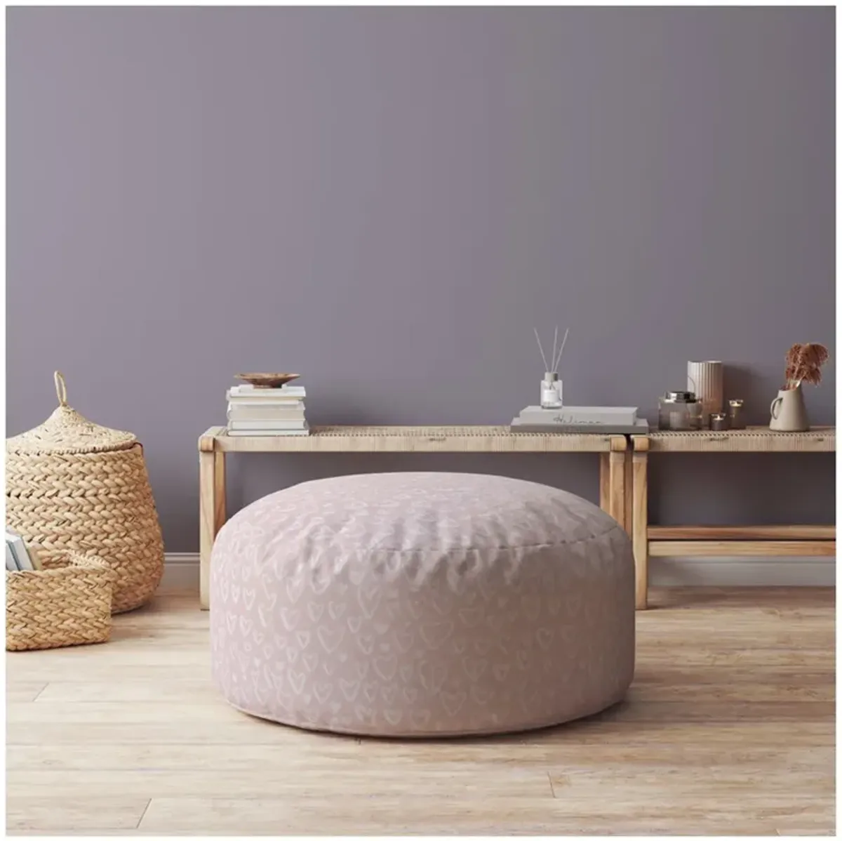 Hivvago 24" Pink Cotton Round Abstract Pouf Ottoman