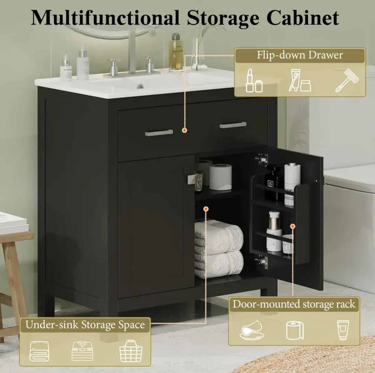 Whisen 30" Bathroom Storage Cabinet Bathroom Vanity with Ceramic Sink, 2 Soft Close Doors, Adjustable Shelf and Flip Drawer
