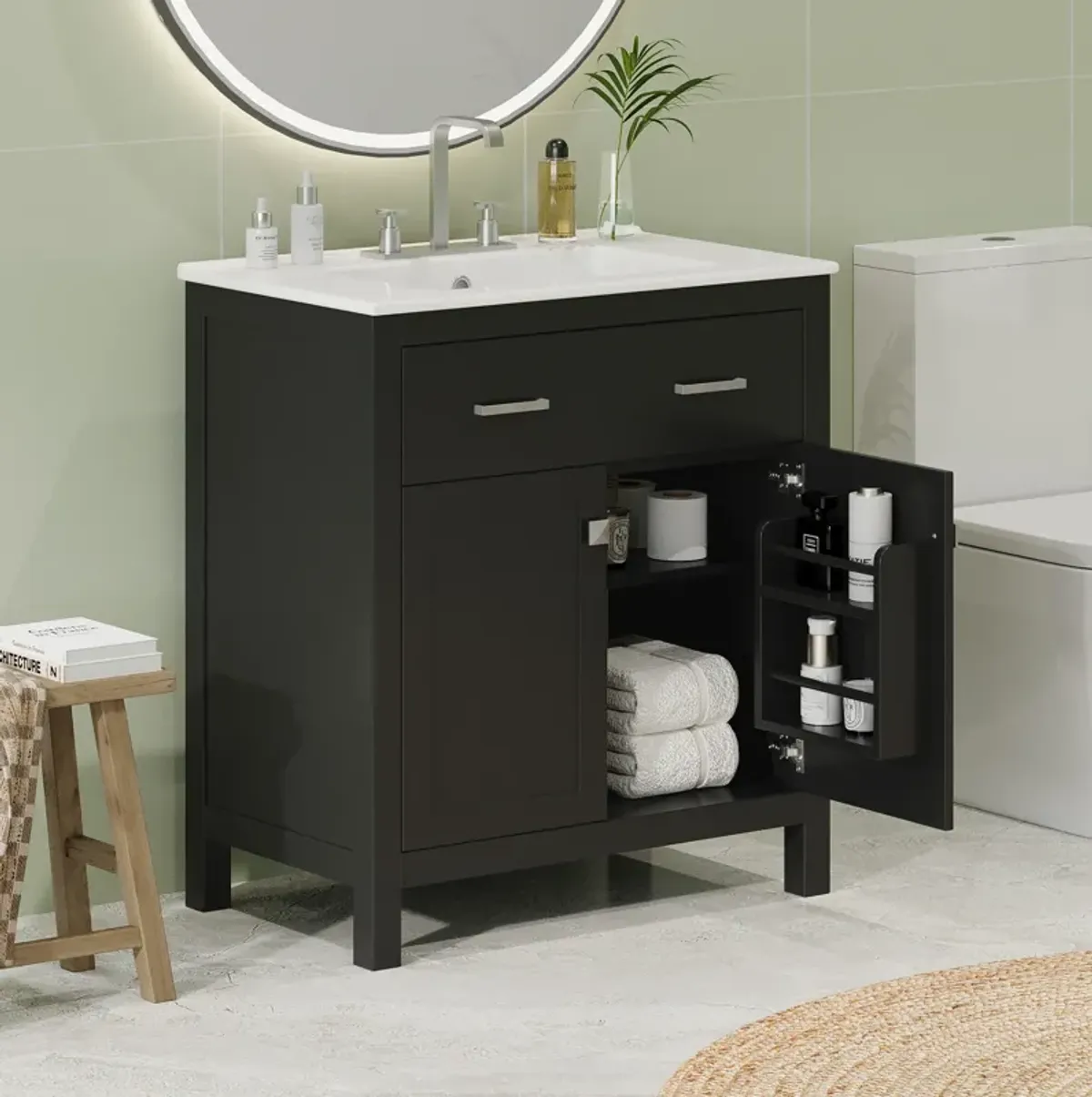 Whisen 30" Bathroom Storage Cabinet Bathroom Vanity with Ceramic Sink, 2 Soft Close Doors, Adjustable Shelf and Flip Drawer