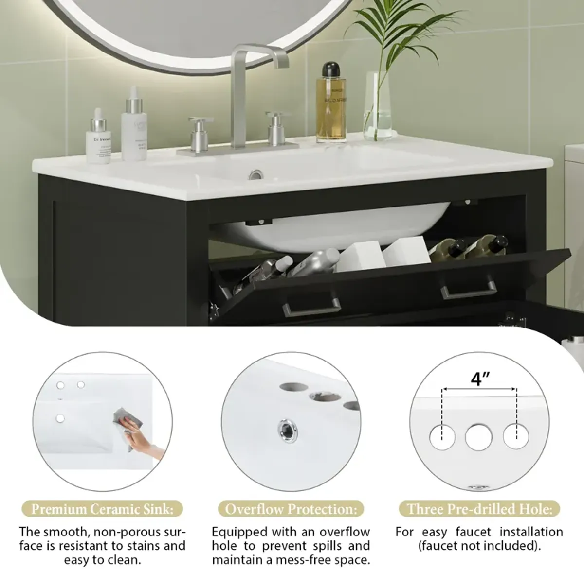 Whisen 30" Bathroom Storage Cabinet Bathroom Vanity with Ceramic Sink, 2 Soft Close Doors, Adjustable Shelf and Flip Drawer