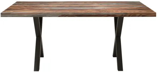 70 Inch Handcrafted Dining Table, Solid Rosewood Rectangular Top with X Shape Iron Legs, 2 Tone, Brown and Black-Benzara