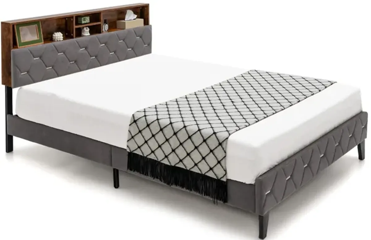 Full/Queen Size Upholstered Bed Frame with Storage Headboard