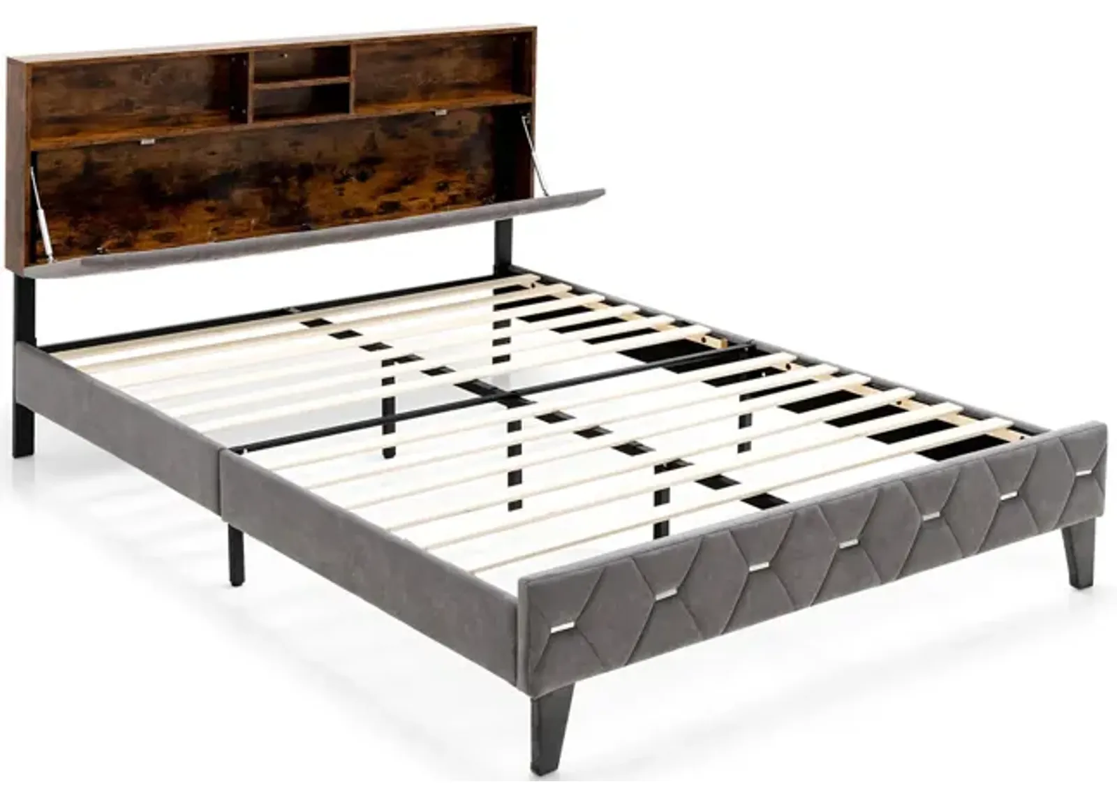 Full/Queen Size Upholstered Bed Frame with Storage Headboard