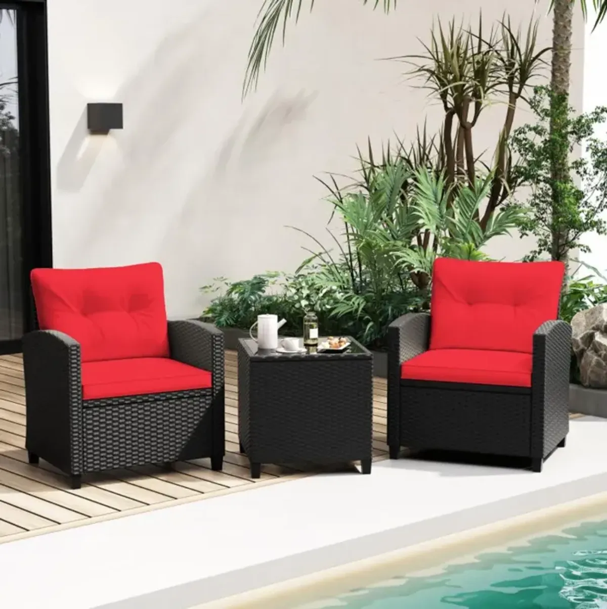 Hivvago 3 Pieces Patio Furniture Set with Tempered Glass Coffee Table