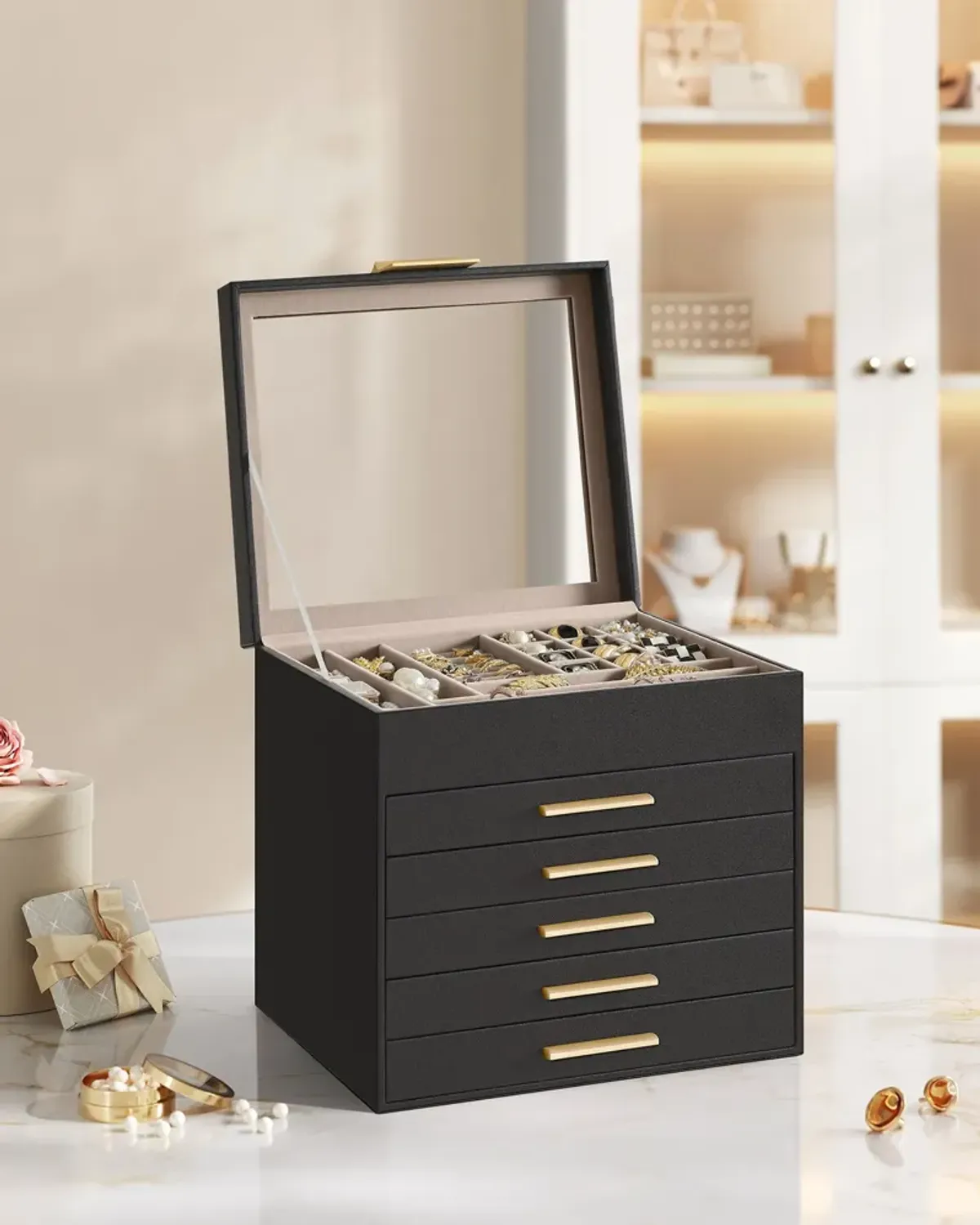 Elegant 6-Layer Jewelry Box with Glass Lid and 5 Drawers - Perfect Gift for Loved Ones