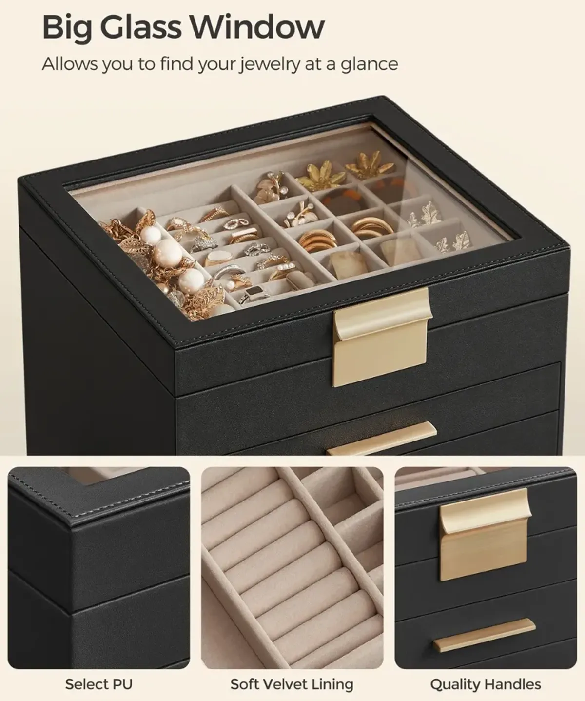 Elegant 6-Layer Jewelry Box with Glass Lid and 5 Drawers - Perfect Gift for Loved Ones