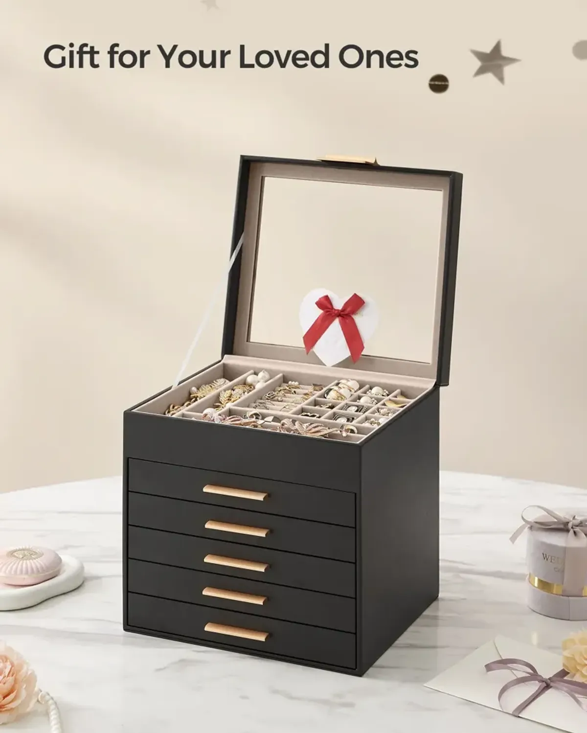 Elegant 6-Layer Jewelry Box with Glass Lid and 5 Drawers - Perfect Gift for Loved Ones