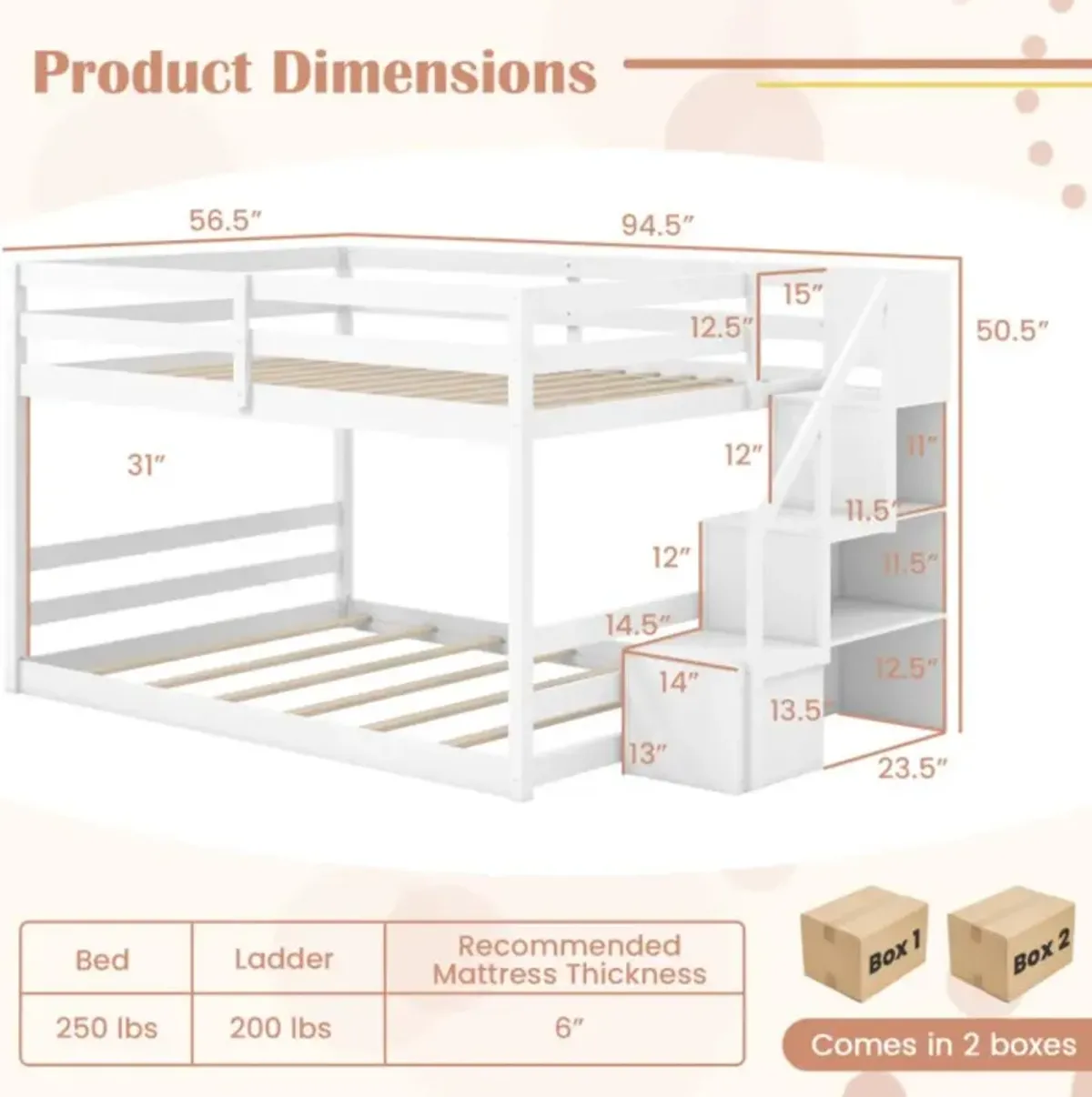 Hivvago Solid Wood Full Over Full Low Bunk Bed with Storage Stairs