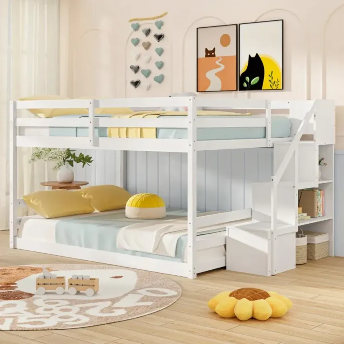 Hivvago Solid Wood Full Over Full Low Bunk Bed with Storage Stairs